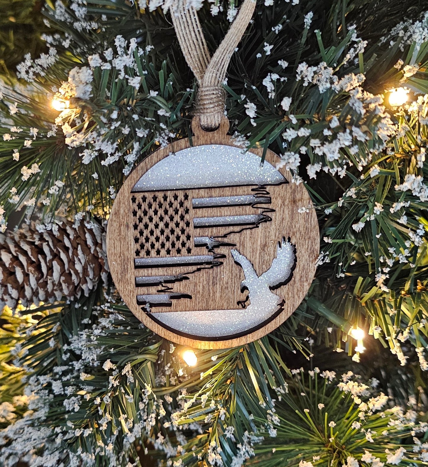 Wood/Glitter Ornaments - US Flag and Eagle