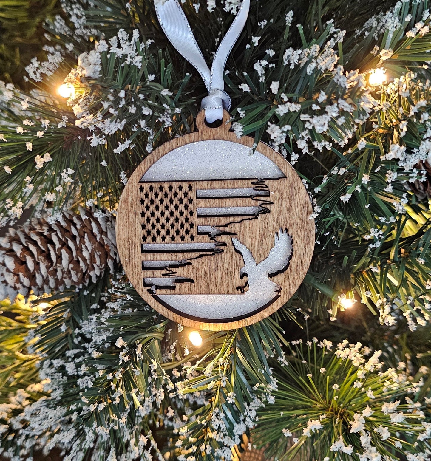 Wood/Glitter Ornaments - US Flag and Eagle