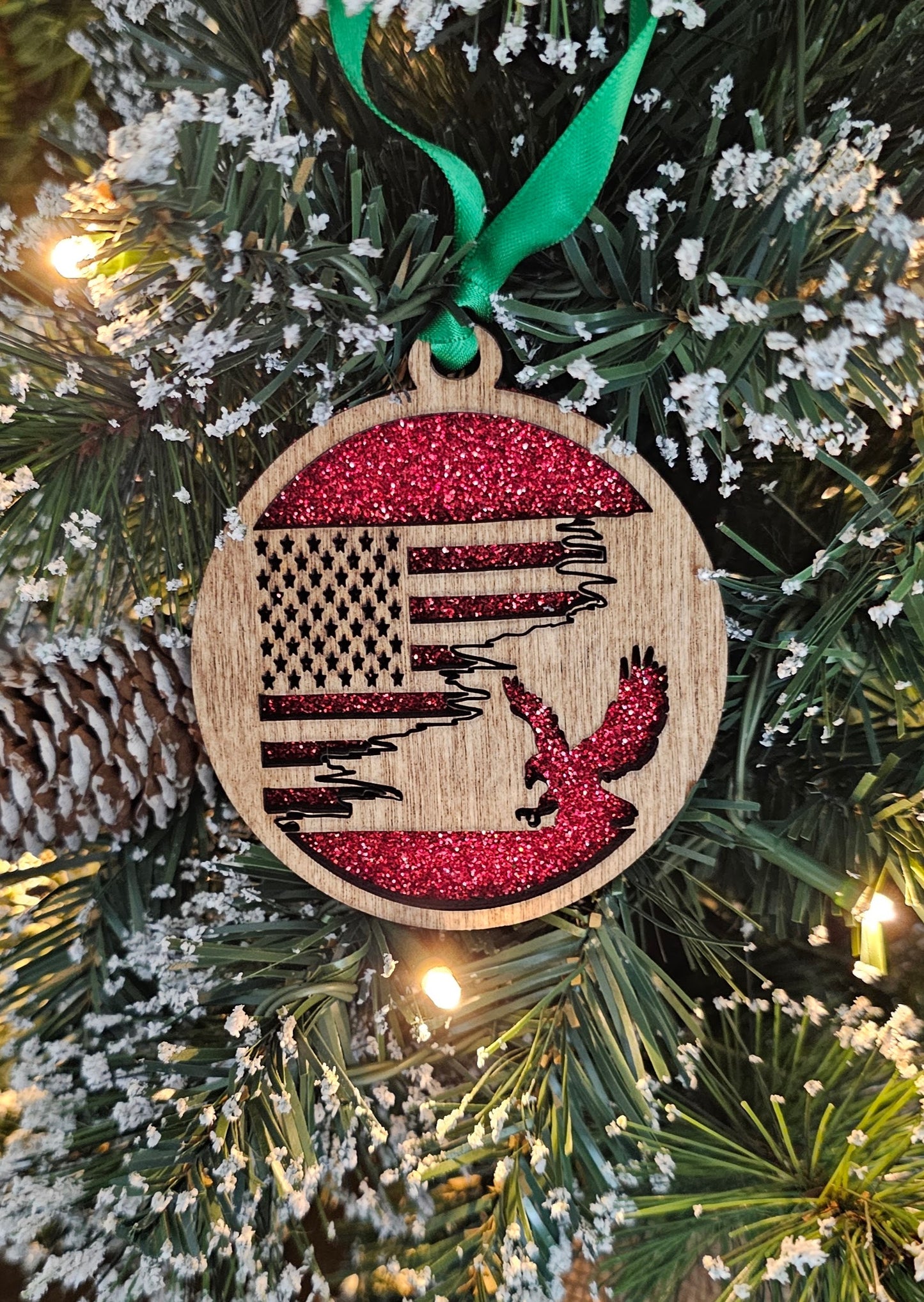 Wood/Glitter Ornaments - US Flag and Eagle