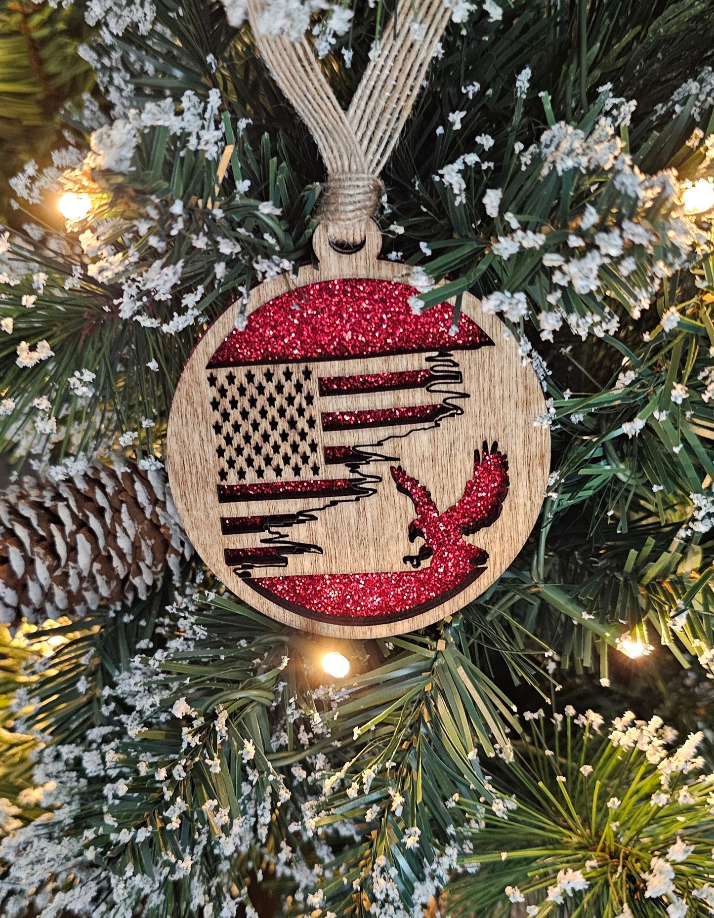 Wood/Glitter Ornaments - US Flag and Eagle