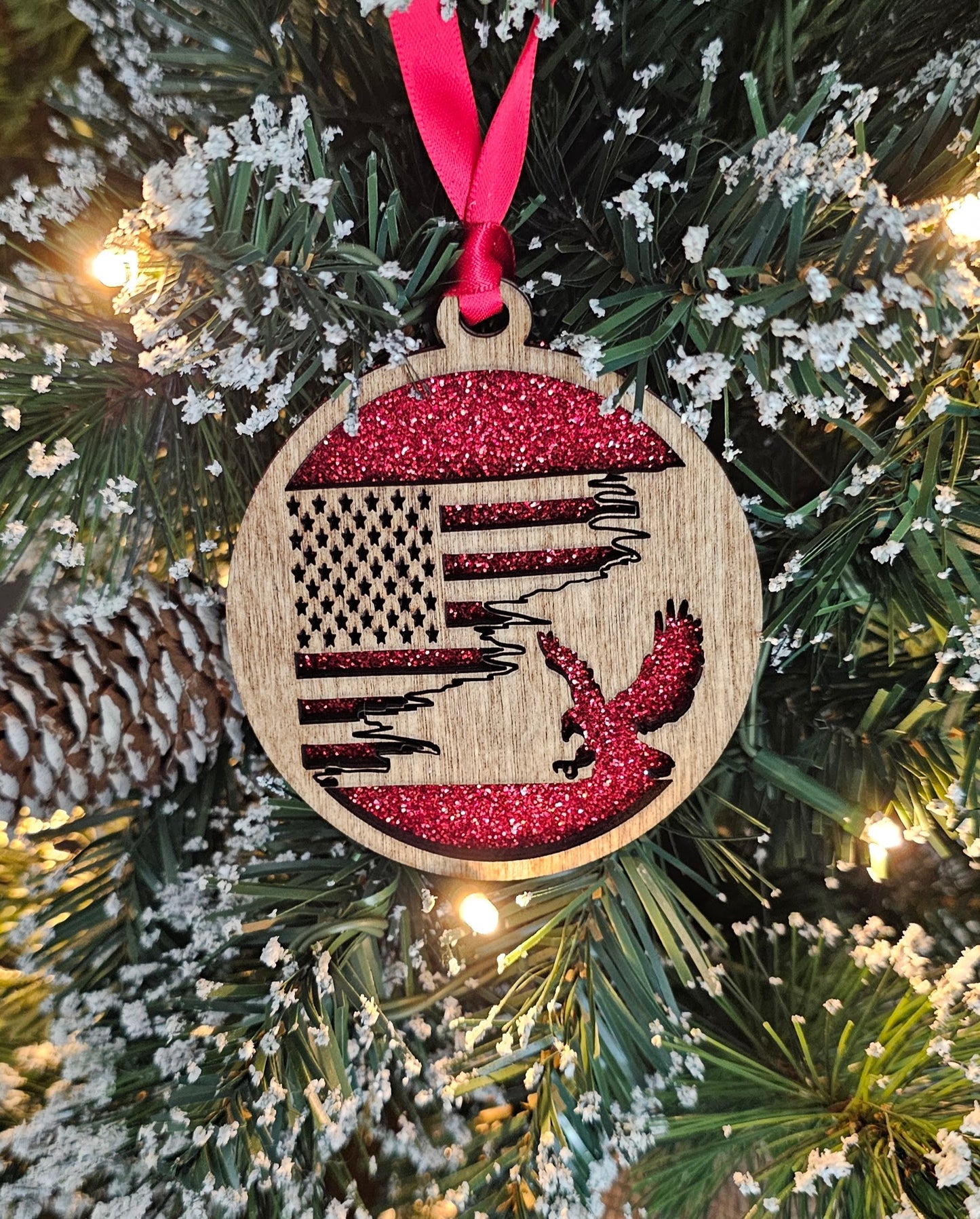 Wood/Glitter Ornaments - US Flag and Eagle