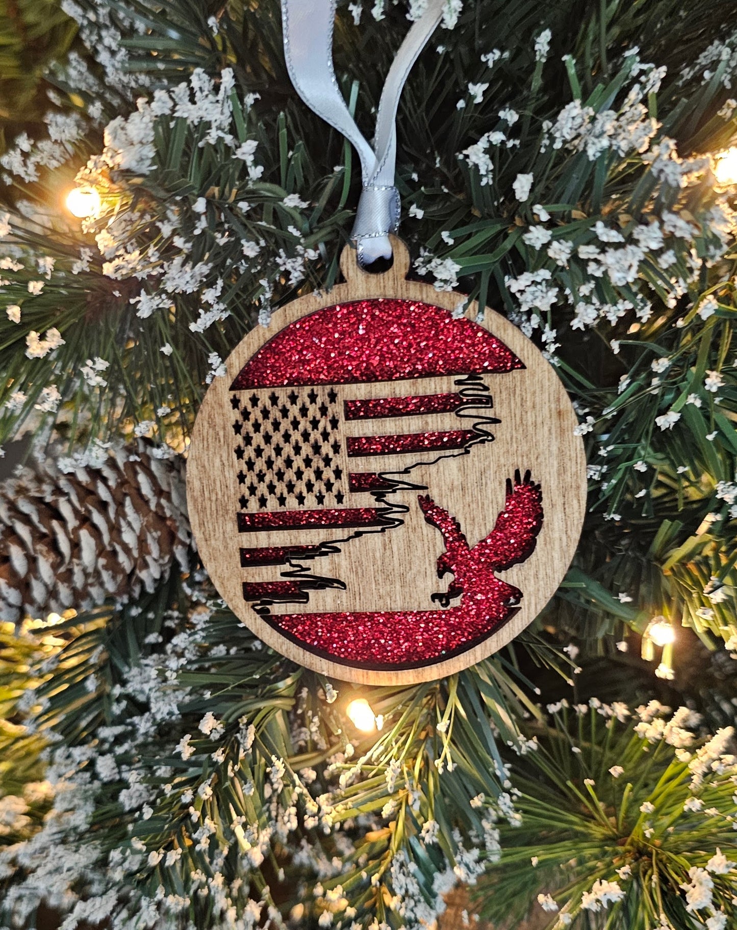 Wood/Glitter Ornaments - US Flag and Eagle