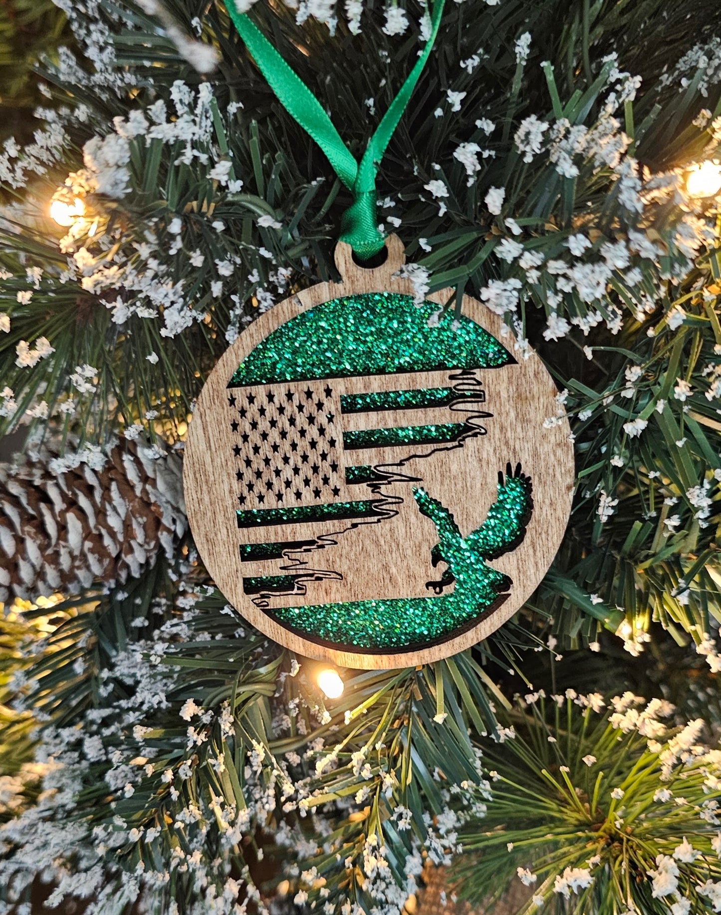 Wood/Glitter Ornaments - US Flag and Eagle