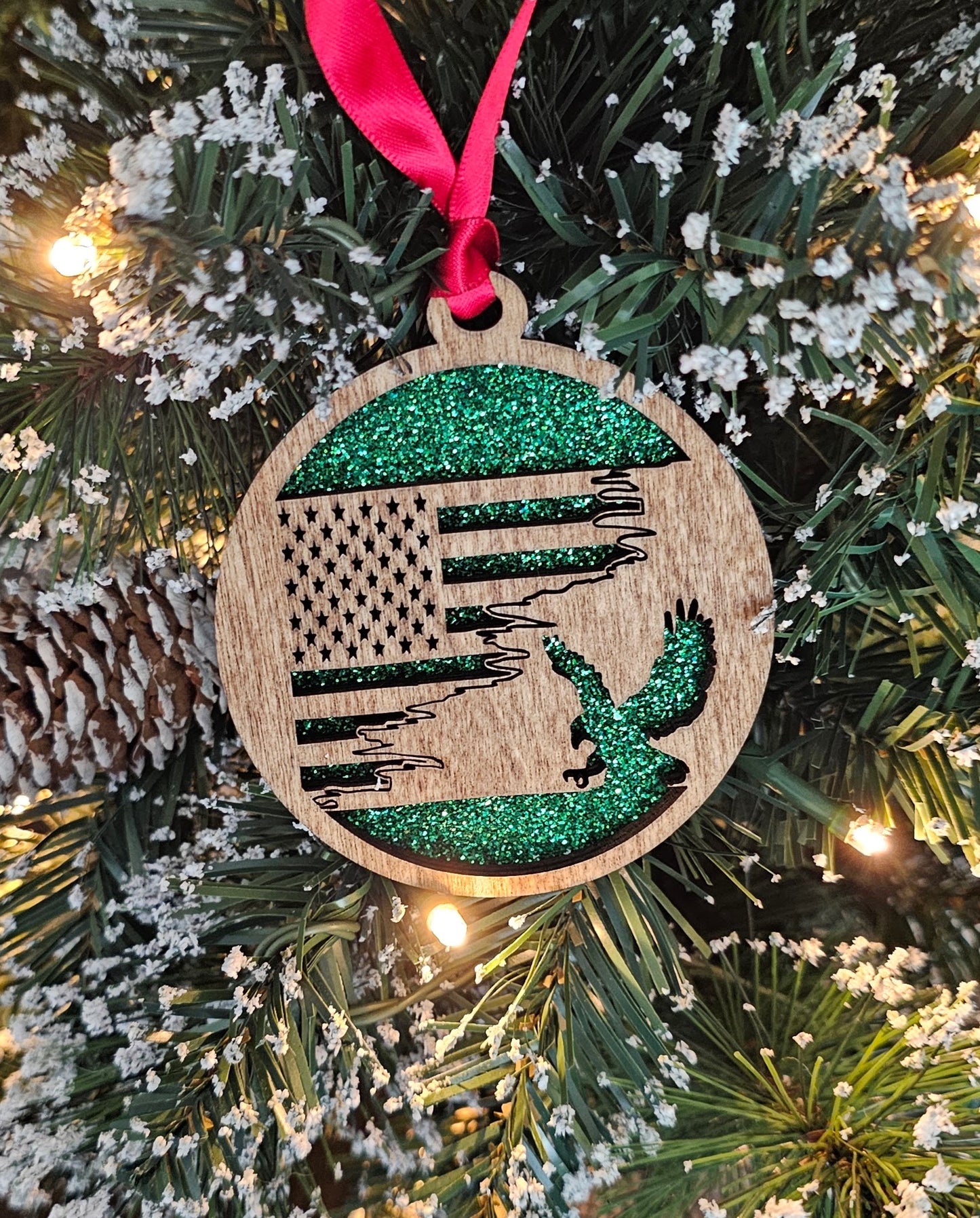 Wood/Glitter Ornaments - US Flag and Eagle