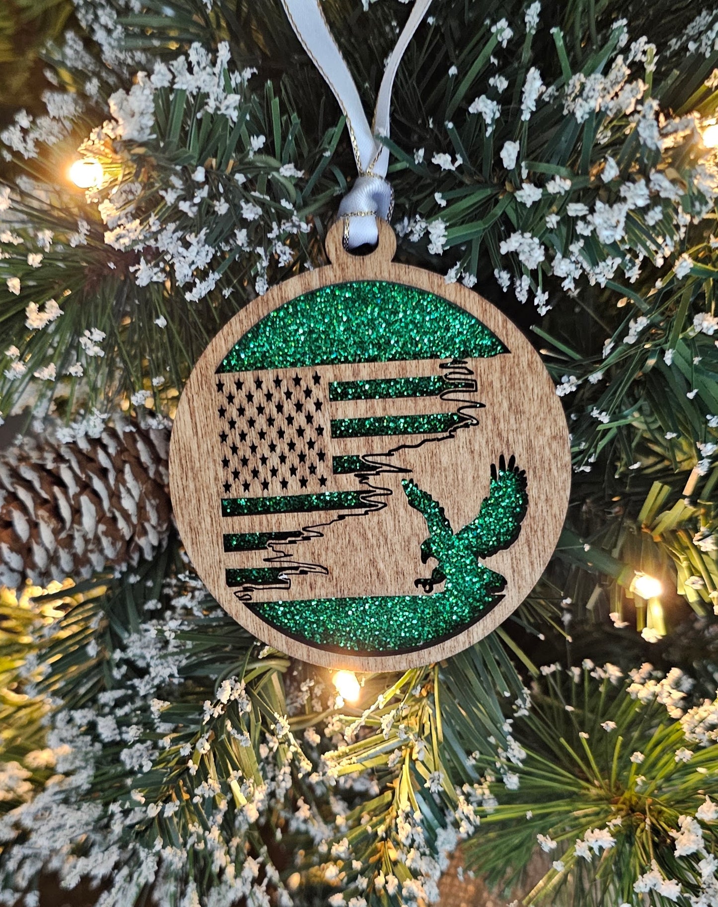 Wood/Glitter Ornaments - US Flag and Eagle