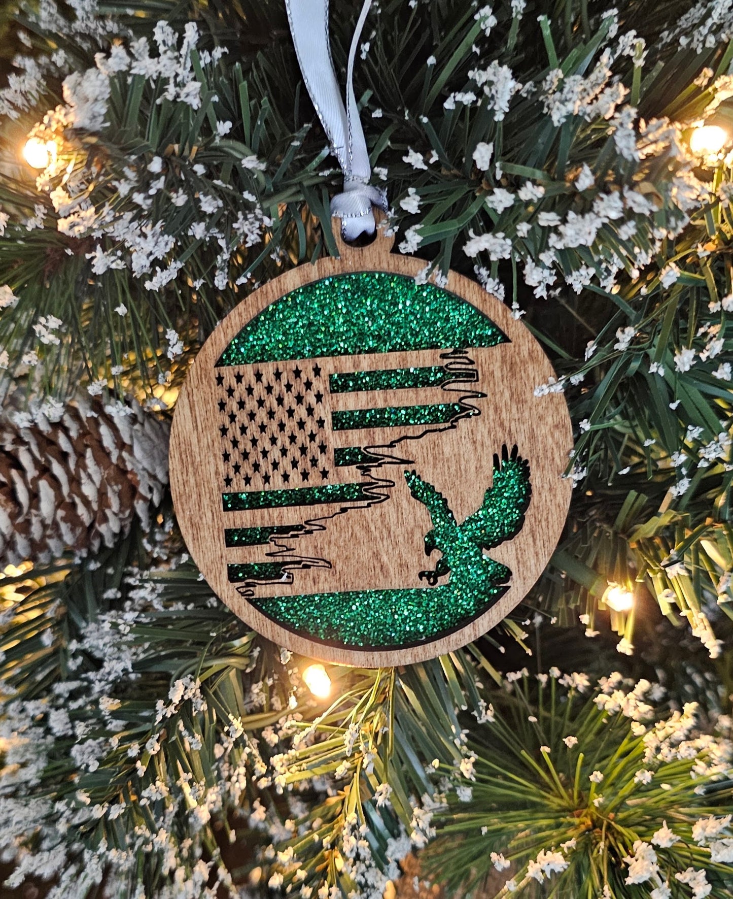 Wood/Glitter Ornaments - US Flag and Eagle