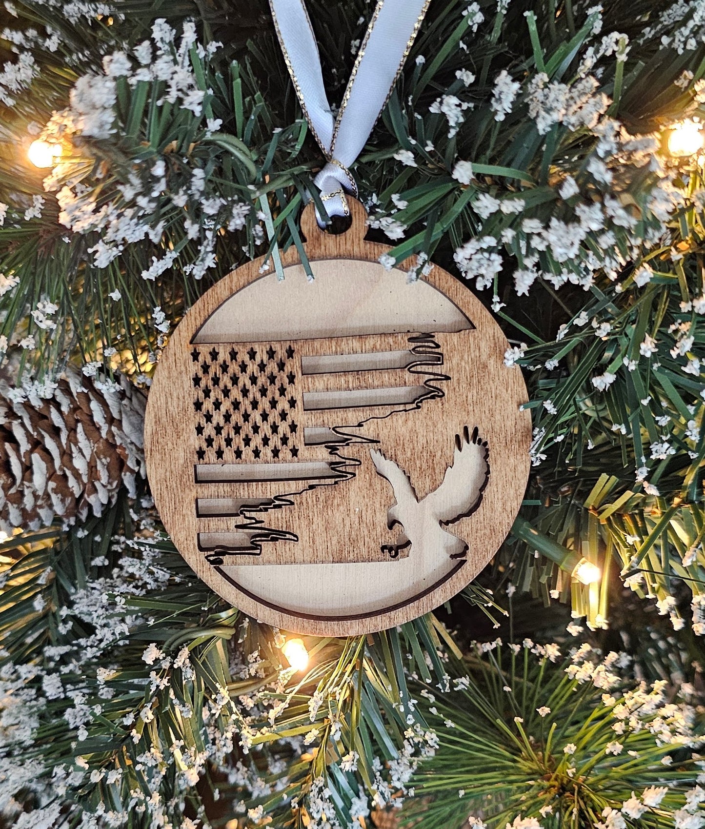 Wood/Glitter Ornaments - US Flag and Eagle