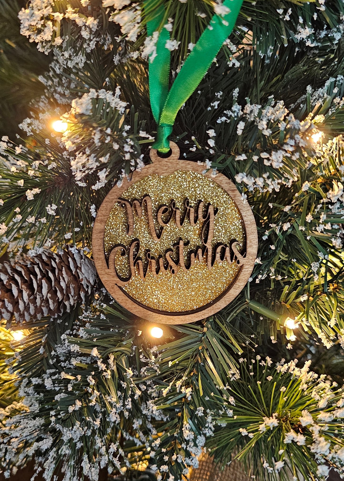 Wood/Glitter Ornaments - Merry Christmas