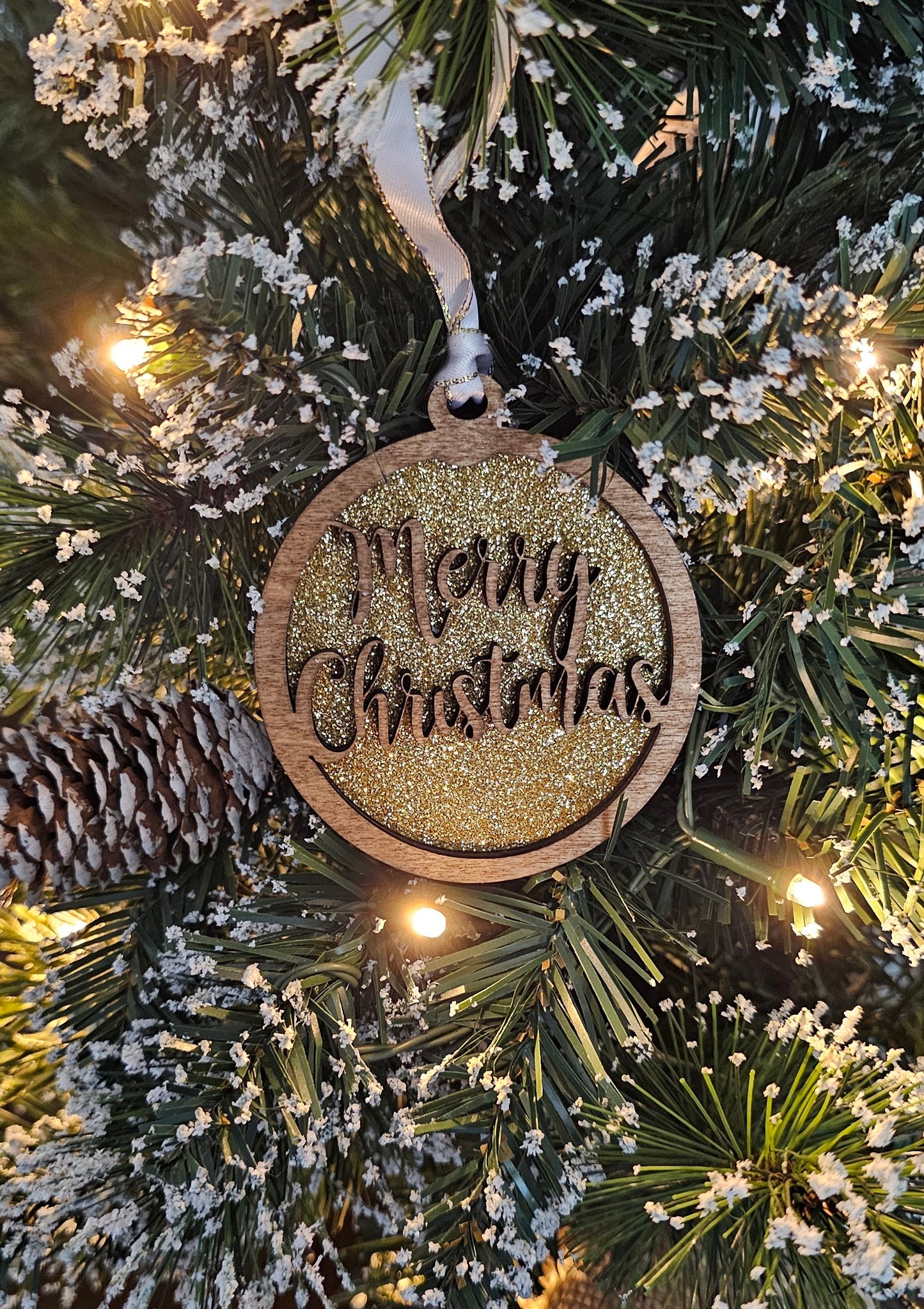 Wood/Glitter Ornaments - Merry Christmas
