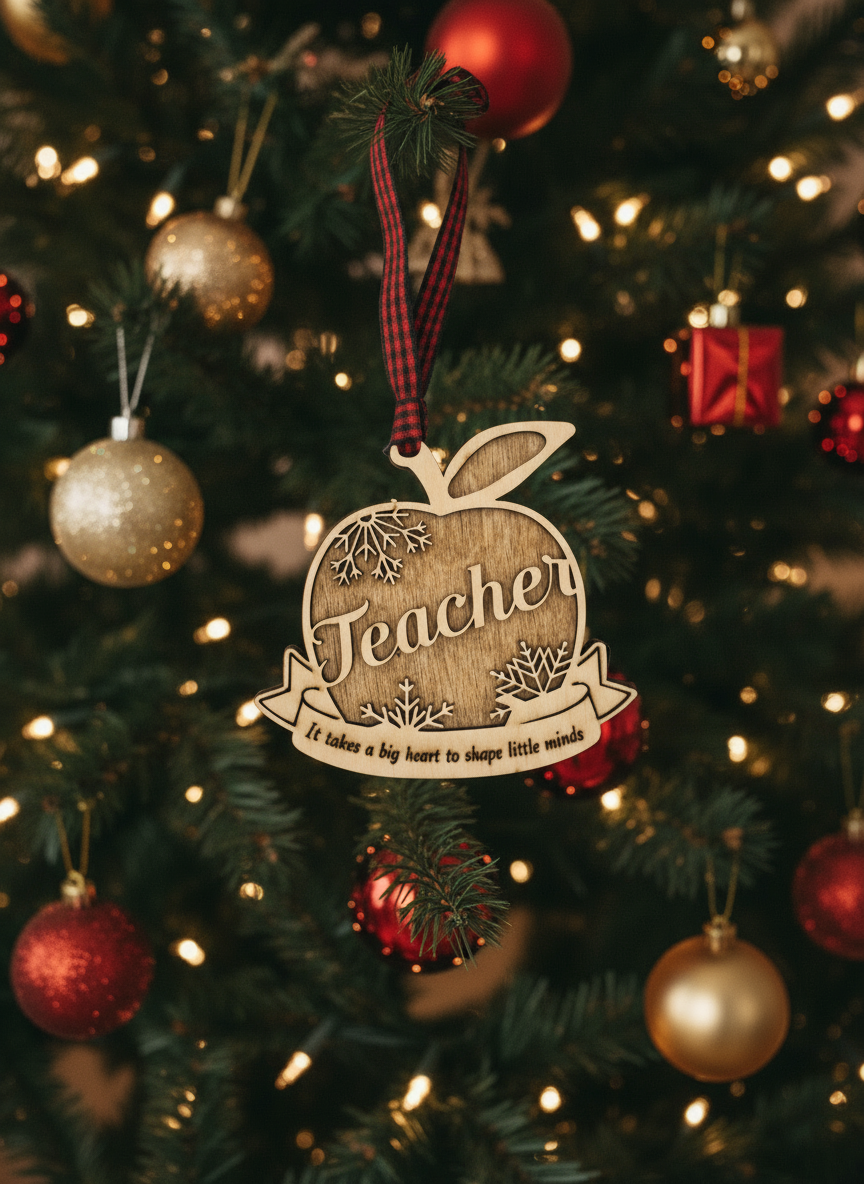 Wooden ornament shaped like an apple with 'Teacher' engraved, hanging on a decorated Christmas tree.